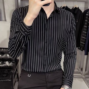 Spring and Autum High-end Black Stripesd Shirt Men's Long-sleeved Business Casual Shirt Slim-fitting Non-iron Men's Inch Shirt