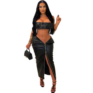 K2832 European and American sexy sexy leather metal buckle tight hip skirt suit