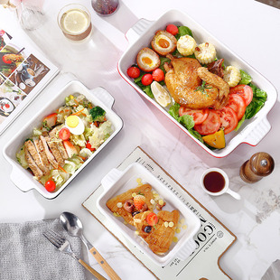 Cross-border in stock ceramic suit creative baking tray binaural square striped large capacity oven baked cheese baked rice tray