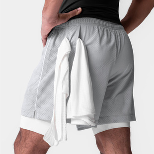 Summer American Sports Casual Double Shorts Men's Solid Color Zipper Pocket Fitness Training Quick-drying Basketball Shorts