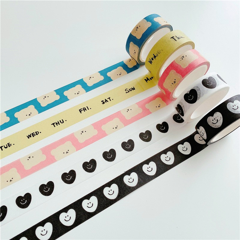 [5m] Korean Ins Style Cartoon Big-Faced Bear Black and White Heart Washi Tape Hand Account Material Sticker Tape
