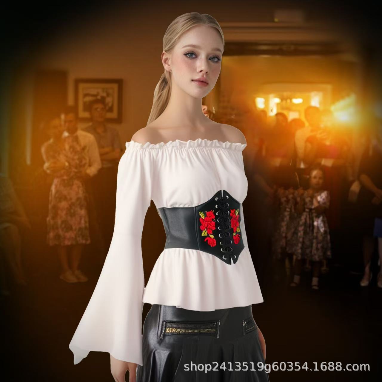 Women's Rose Flower Embroidered Waist Belt Elastic Waistband Fashionable European-Style Decorative Versatile Skirt