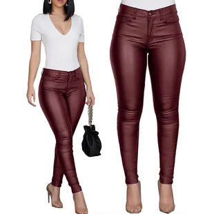 wish solid color PU leather pants casual sexy skinny pants women's trousers