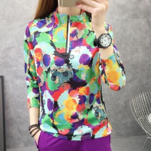 LG8820 spring and summer stand collar quick-drying T-shirt women's long sleeve irregular printed outdoor sports breathable hiking Mountaineering