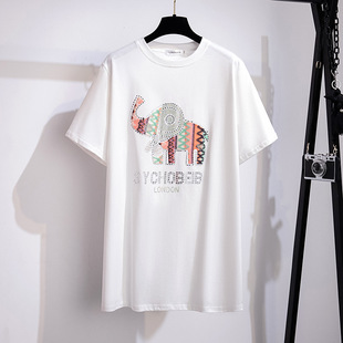 Rhinestone New plus size slimming loose mid-length short sleeve t-shirt for women 200/300/350kg 6139