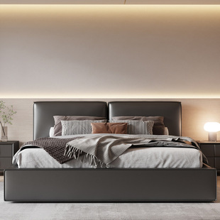 Factory custom Bonaldo tofu block leather bed Italian minimalist double bed Villa master bedroom frosted leather bed