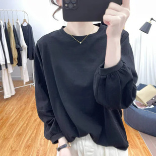 Autumn Design Sense Cotton Loose Lantern Sleeve Long-sleeved T-shirt Women's Age-reducing Top 2024 New Base T-shirt