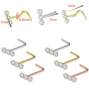 Cross-border Hot Selling Fashion S Rod Triple Diamond Nose Nail Stainless Steel High Quality Diamond Nose Piercing Jewelry in stock