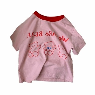 Girls' Summer Short-sleeved T-shirt Baby Internet-popular Foreign-style Children's Personalized Trendy Brand Cartoon Bear Letters Color-matching Half-sleeve