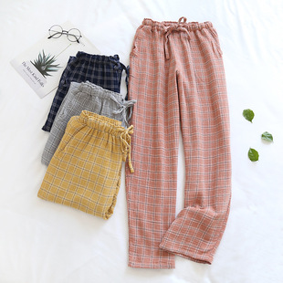 Japanese Style Plaid Pajama Pants Women's Pure Cotton Gauze Thin Women's Home Pants for Spring and Summer Large Size Outer Wearing Pants for Home
