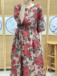 Artistic Retro Round Neck Floral Dress Women's Spring and Summer High Waist Elasticated Lace-up Slimming Elegant Ramie Long Dress