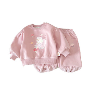 QT241225 children's fleece-lined children's suit 2024 autumn and winter new girls' children's clothing Korean cartoon fleece-lined two-piece suit