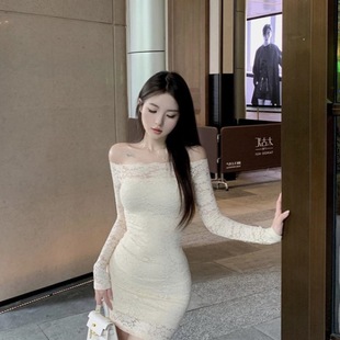 2024 Hip-Hugging Skirt Dress for Women, Beautiful Pure Lusty Elegant, Chic Summer Short Skirt, Slim One-Shoulder Cut Out Lace