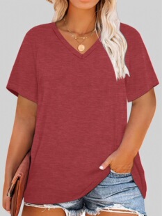 Cross-border Foreign Trade plus size Clothing European and American Casual V-neck Pullover Women's T-shirt Single Piece Stamping Plus Size Women's Clothing