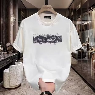 2024 Summer New Fashion Brand Heavy Loose Letter Short-sleeved T-shirt Men's Fashionable Handsome All-match Half-sleeved Base Shirt