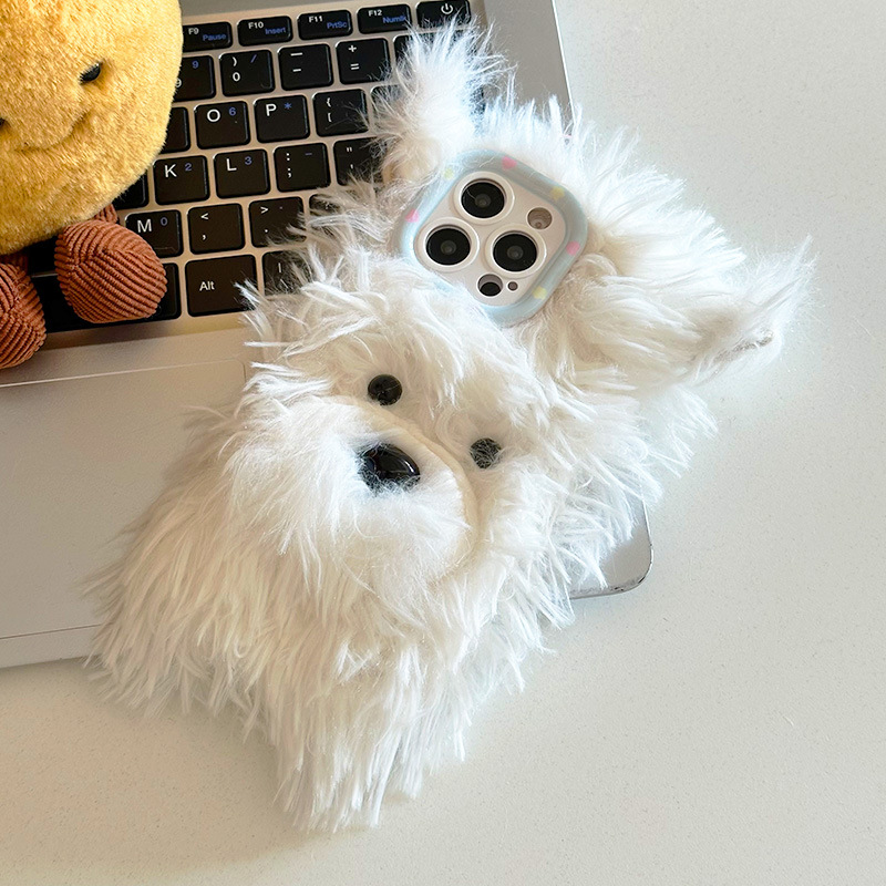 Long-haired dog plush phone case, cute cartoon plush phone case for iPhone.