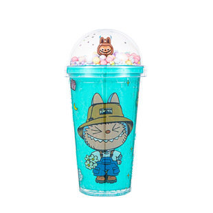 Cross-border New Rab Cloth Water Cup Wholesale Cute Cartoon Suction Pipe Cup Creative High Color Value Double Layer Plastic Cup Ice Cup