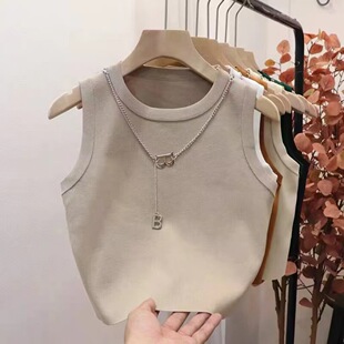 In stock summer round neck chain knitted slim casual personalized bottoming vest solid color sleeveless short top for women