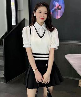 Women's Spring and Summer Design Sense Puff Sleeve Age-reducing Short Top Trendy College Style polo Collar Fake Two-piece Short Sleeve