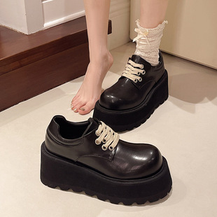 Increased Thick Sole Leather Shoes Women's British Style 2024 Autumn New Big Head Wedge Single-layer Shoes Soft Leather Casual Platform Shoes