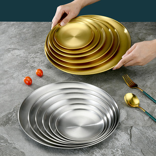 Stainless Steel Plate Western Dessert Cake Fruit Flat Bottom Korean Style Craft Storage Golden Single Layer Barbecue Round Plate