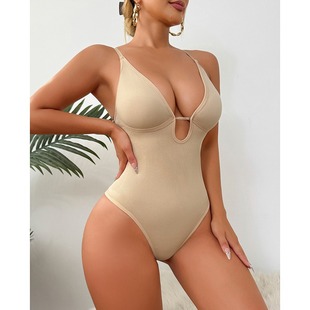 European and American Foreign Trade Women's Body Shaping Deep V Backless Waist Tight Clothes Hip Body Shaping Jumpsuit thong open file