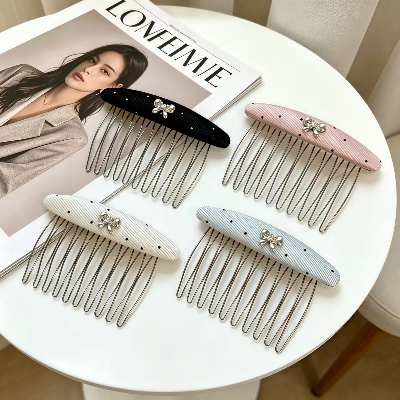 Korean-Style Princess-Style Four-Color Bow Hair Comb with Three-Dimensional Exquisite Design, Unique Satin Polka Dot Bow Hair Comb for Women
