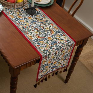 American Vintage Table Flag Yarn-dyed Jacquard Magpie Flower Tassel Household Polyester Tablecloth Table Flag Bed End Flag
