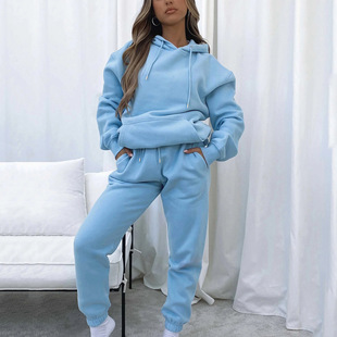 2024 cross-border European and American spring and autumn solid color hooded pullover trousers women's urban casual pocket long sleeve sweater suit