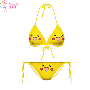 Large Size Sexy Lingerie Temptation Teaser Bed Perspective Printed Bikachu Three-Point Flirting Passion Suit
