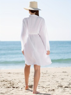 Solid Color Long-sleeved Casual Sun-protective Shirt Women's Mid-length Pleated Lace-up Waist Slimming Beach Sexy Blouse