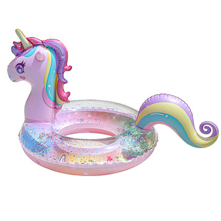 Spot new rainbow unicorn swimming ring children's water inflatable underarm swimming ring sequins rainbow horse seat ring