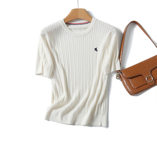 MIU Spring and Summer Round Neck Embroidered Ralph Pony Fashion Simple Knitted Shirt Women's TN2258 Fashion All-match