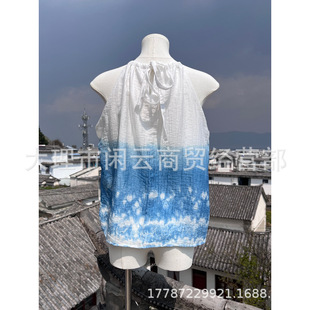 Wholesale Handmade Tie-Dye Dali Travel Sling Top Summer Sleeveless Ribbon Hanging Neck Short Vest Women's Plant Blue Dye