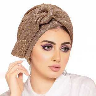 Cross-border Hat Women's Sequin Wrinkled Cloth Knot Tape Hat Ethnic Cloth Hat Bronzing Round Button Pullover Hat