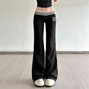 American Street Style Waist Striped Patchwork Design Letter Embroidery Slim Straight-Leg Flared Pants Versatile Casual Pants for Hot Girls