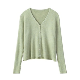 Chanel style pearl buckle V-neck knitted cardigan for women Spring New French temperament short bottoming shirt top