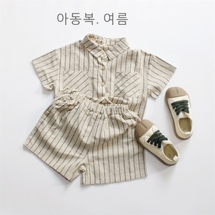 New children's suit summer short sleeve shorts boys Korean lapel striped fashion girls suit in stock wholesale