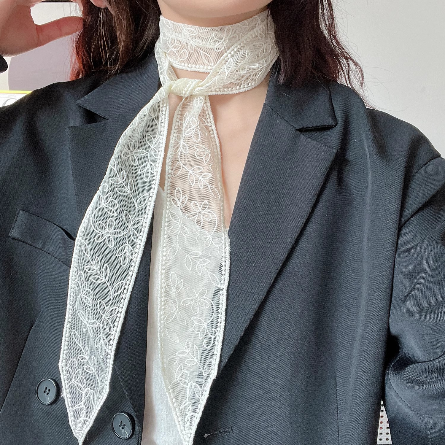 South Korea Lace Long Scarf Ribbon Small Scarf Women's Spring and Summer Thin Hair Band Tie Bag Small Scarf Collarbone Necklace
