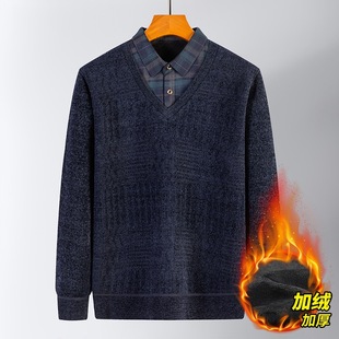 Winter Dad Clothes fleece-lined Men's Sweater Middle-aged and Elderly Thickened One-piece Fleece Base Shirt POLO Knitted Sweater
