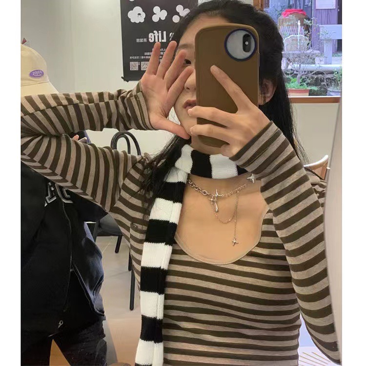 Two-Dimensional Striped Thin Scarf, Thick Knitted Decorative Neck Scarf for Men and Women, Trendy Y2K Style