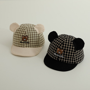 Japanese and Korean British small plaid baby cap children's embroidery bear baseball cap autumn and winter tide children's warm hat
