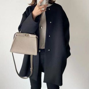 3 colors in stock Japanese elegant straight coat women's 2023 autumn and winter elegant solid color simple loose coat women's top