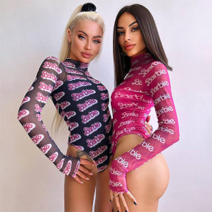 AliExpress взрывной внешнеторговый женский эластический воротник с длинными рукавами сексуальный уличный комбинированный костюм с высокой талией с принтом