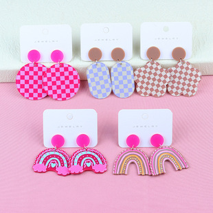 Japanese-Korean Style Sweet Rainbow Checkerboard Geometric Earrings Earrings Simple Fashion Distinctive Earrings Ear Jewelry for Women