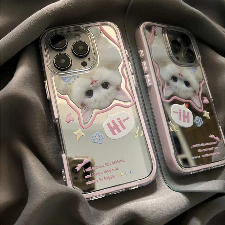 Cute kitten greeting case with colorful mirror finish, suitable for Apple 16/15, iPhone 13, XR/MAX, and Huawei phones.