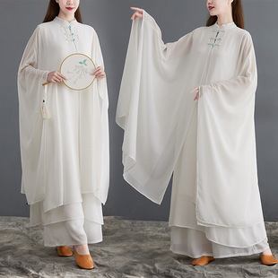 Women's Spring and Autumn Fairy Zen Dance Dress White Yoga Tai Chi dress Two-piece Set