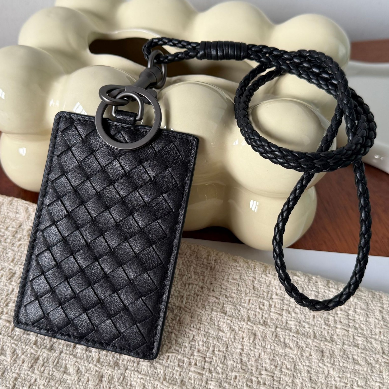 Genuine Leather Hand-Woven Work Id Card Holder, Neck Lanyard, Badge Holder, Unisex Sheepskin Woven Business Lanyard