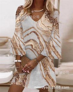 2022 new cross-border European and American Amazon AliExpress ebay fresh printed V-neck 3/4 sleeve mini dress women