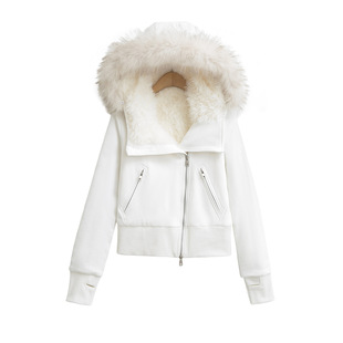 24 Winter New Women's European and American Fashion Large Fur Collar Oblique Zipper Thickened Plush Liner Long Sleeve Warm Sweatshirt Jacket